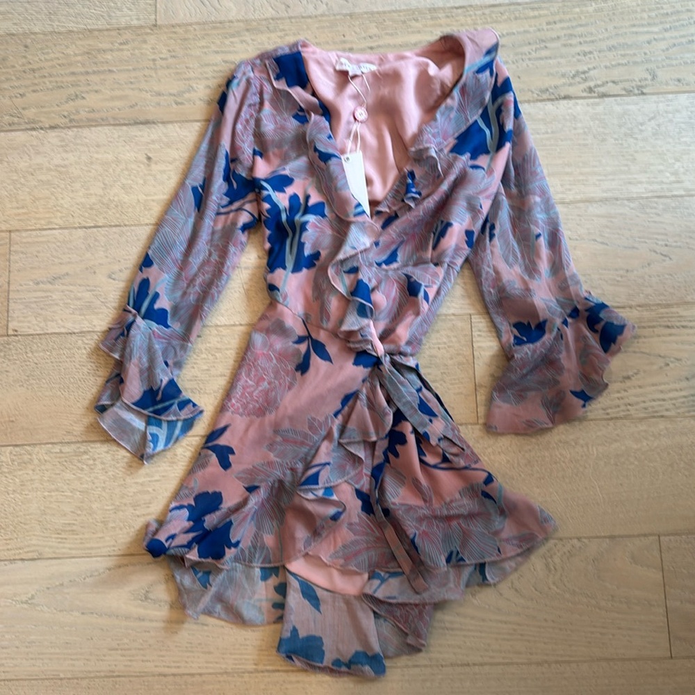 Red Carter Pink Floral Long Sleeve Wrap Dress with Blue Print